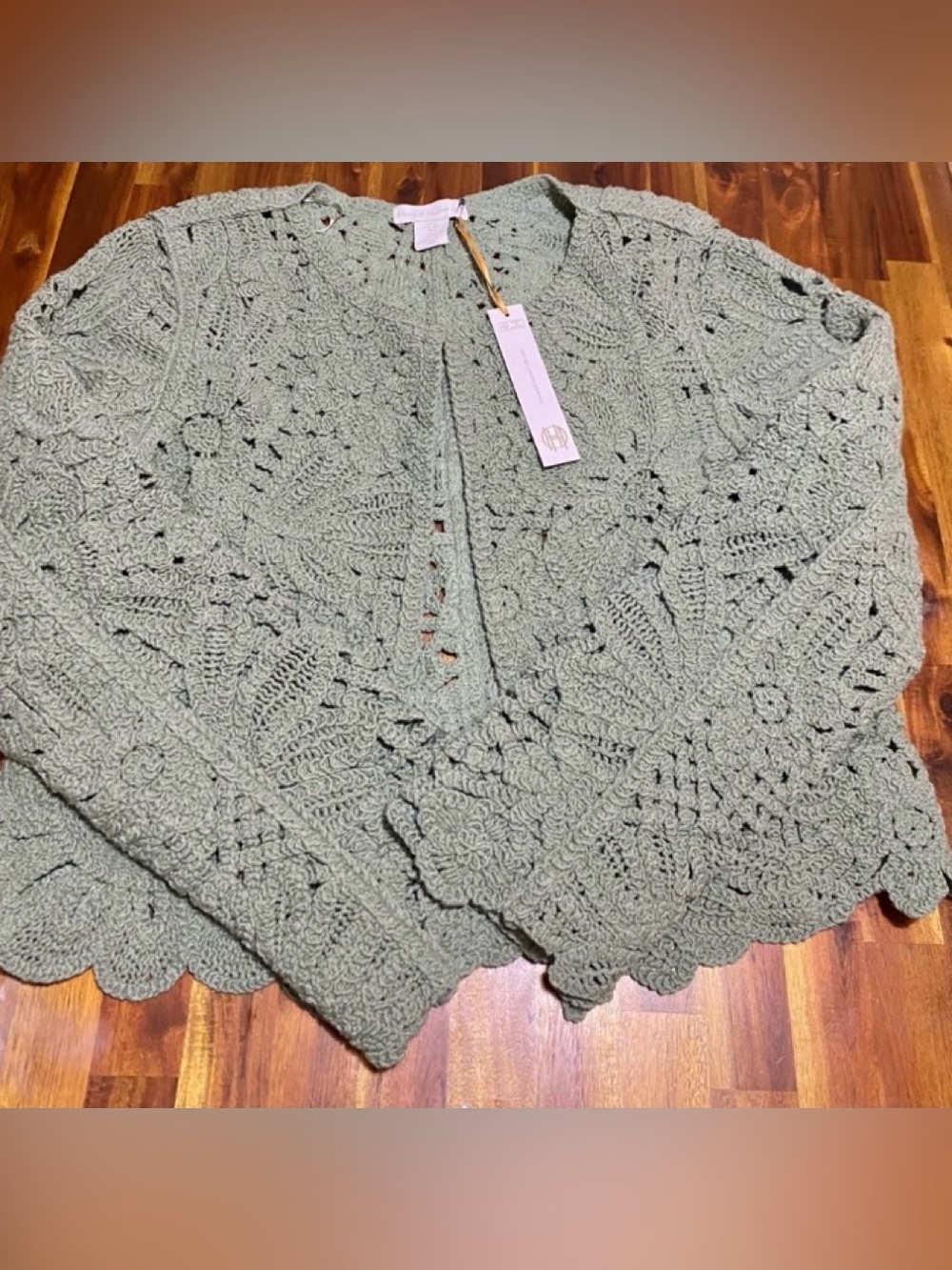 NWT House of Harlow 1960 Olive Sage Openwork Crochet Cardigan small